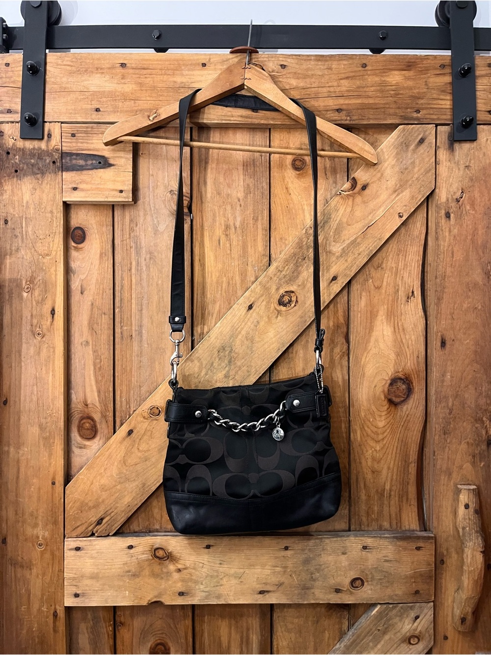 Coach 61149 Black Signature Jacquard Chain Crossbody Shoulder Bag